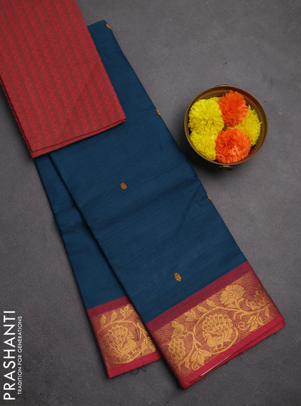 Chettinad cotton saree peacock green and red shade with thread woven buttas and zari woven border