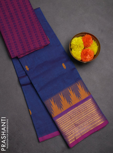 Chettinad cotton saree dual shade of blue and purple with thread woven buttas and temple design zari woven border