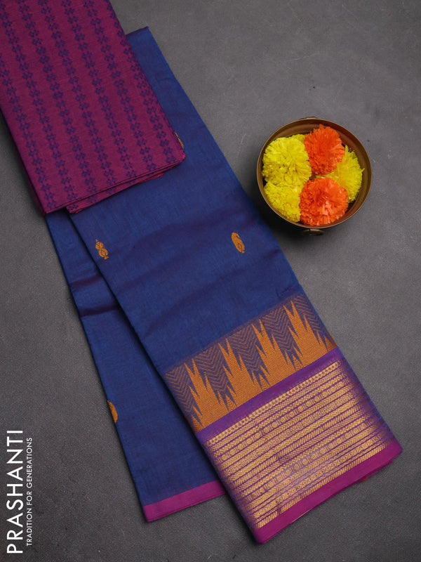 Chettinad cotton saree dual shade of blue and purple with thread woven buttas and temple design zari woven border