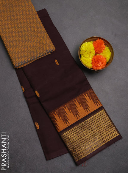 Chettinad cotton saree coffee brown and mustard yellow with thread woven buttas and temple design zari woven border