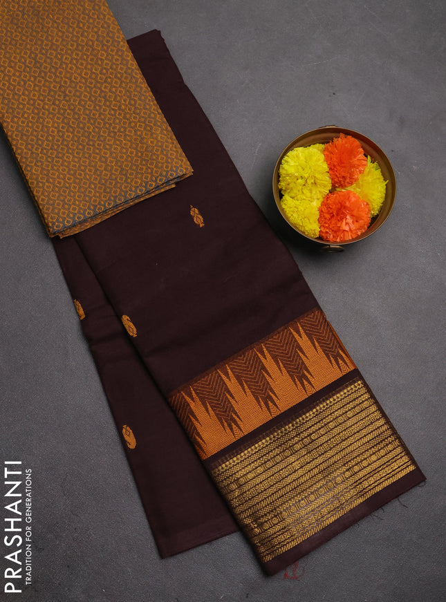 Chettinad cotton saree coffee brown and mustard yellow with thread woven buttas and temple design zari woven border
