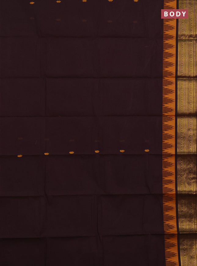 Chettinad cotton saree coffee brown and mustard yellow with thread woven buttas and temple design zari woven border