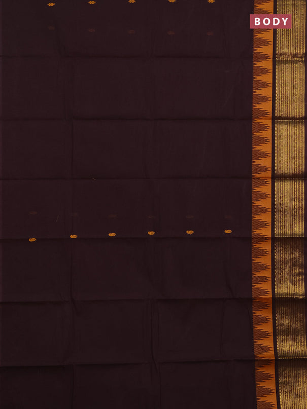 Chettinad cotton saree coffee brown and mustard yellow with thread woven buttas and temple design zari woven border