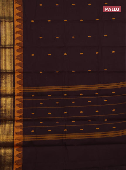 Chettinad cotton saree coffee brown and mustard yellow with thread woven buttas and temple design zari woven border