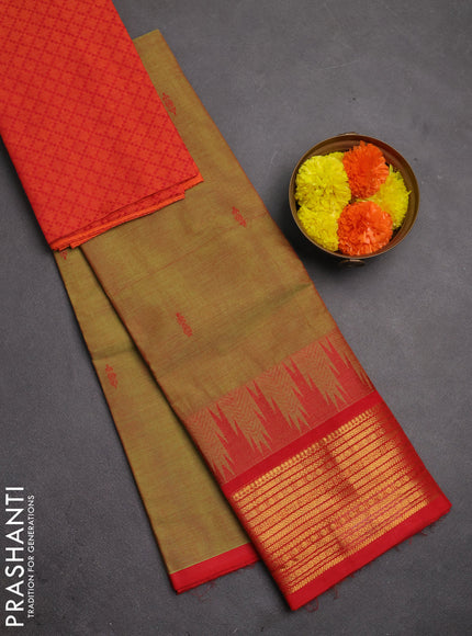 Chettinad cotton saree dual shade of light green and red with thread woven buttas and temple design zari woven border