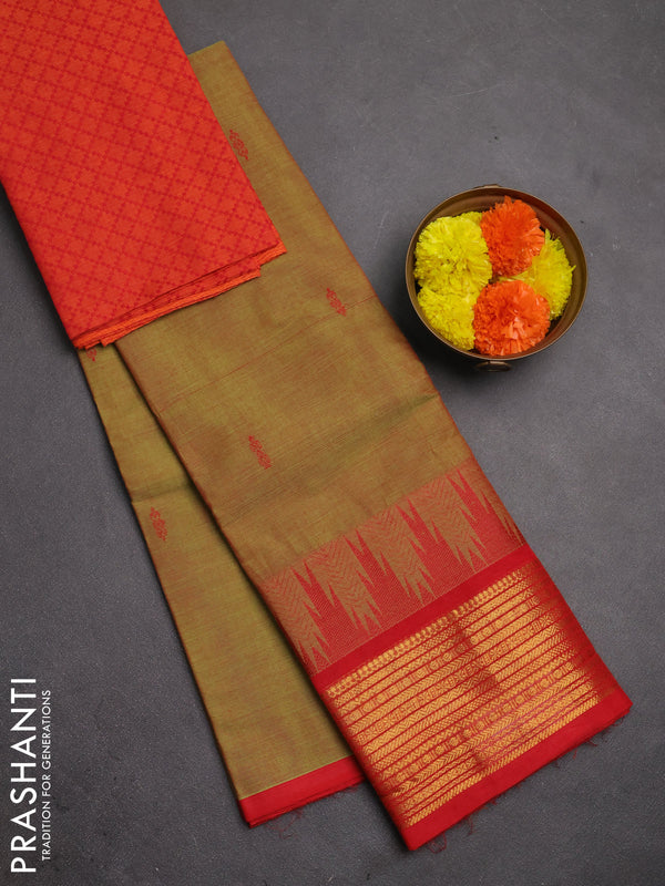 Chettinad cotton saree dual shade of light green and red with thread woven buttas and temple design zari woven border