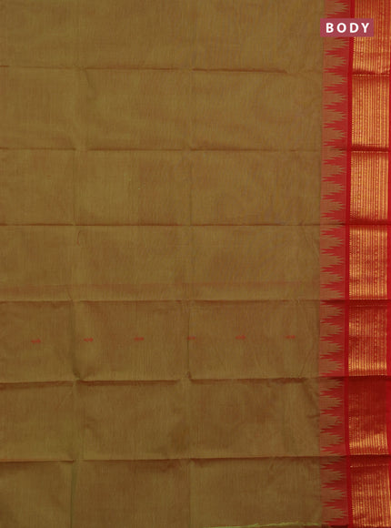 Chettinad cotton saree dual shade of light green and red with thread woven buttas and temple design zari woven border