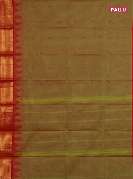 Chettinad cotton saree dual shade of light green and red with thread woven buttas and temple design zari woven border