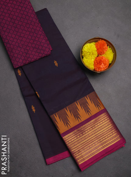 Chettinad cotton saree deep jamun and magenta pink with thread woven buttas and temple design zari woven border