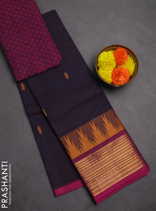Chettinad cotton saree deep jamun and magenta pink with thread woven buttas and temple design zari woven border