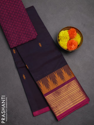Chettinad cotton saree deep jamun and magenta pink with thread woven buttas and temple design zari woven border