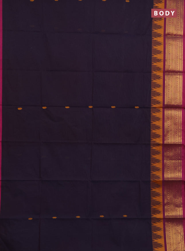 Chettinad cotton saree deep jamun and magenta pink with thread woven buttas and temple design zari woven border