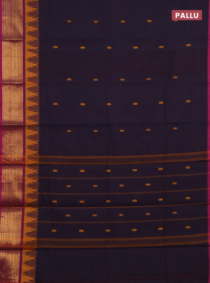 Chettinad cotton saree deep jamun and magenta pink with thread woven buttas and temple design zari woven border