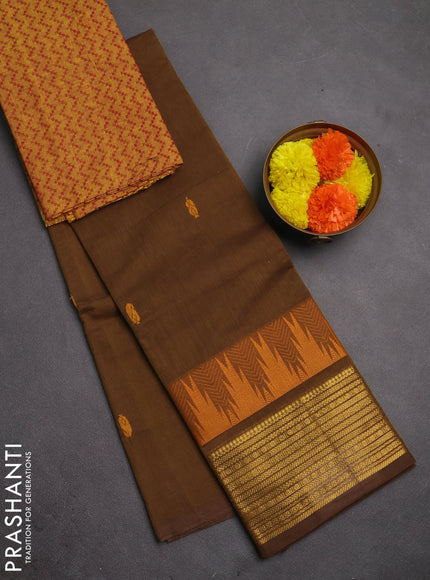 Chettinad cotton saree datk mustard and mustard yellow with thread woven buttas and temple design zari woven border