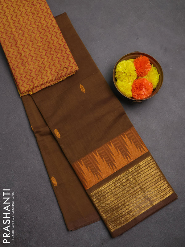 Chettinad cotton saree datk mustard and mustard yellow with thread woven buttas and temple design zari woven border