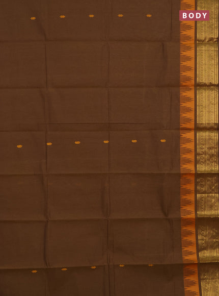 Chettinad cotton saree datk mustard and mustard yellow with thread woven buttas and temple design zari woven border