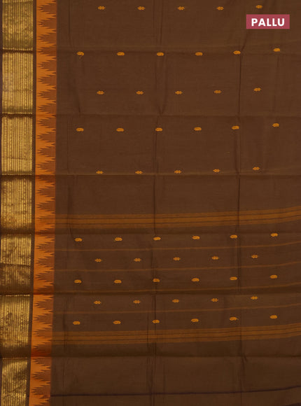 Chettinad cotton saree datk mustard and mustard yellow with thread woven buttas and temple design zari woven border
