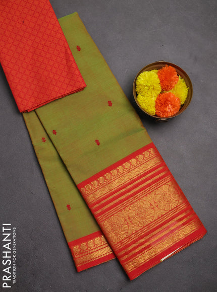 Chettinad cotton saree light green and orange with thread woven buttas and long zari woven border