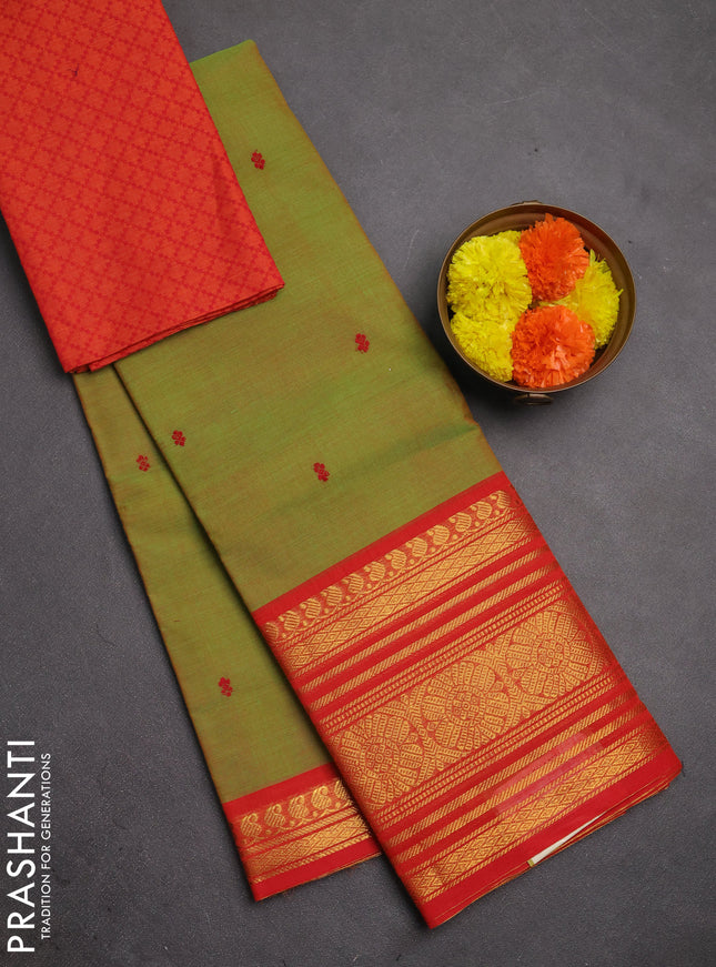 Chettinad cotton saree light green and orange with thread woven buttas and long zari woven border
