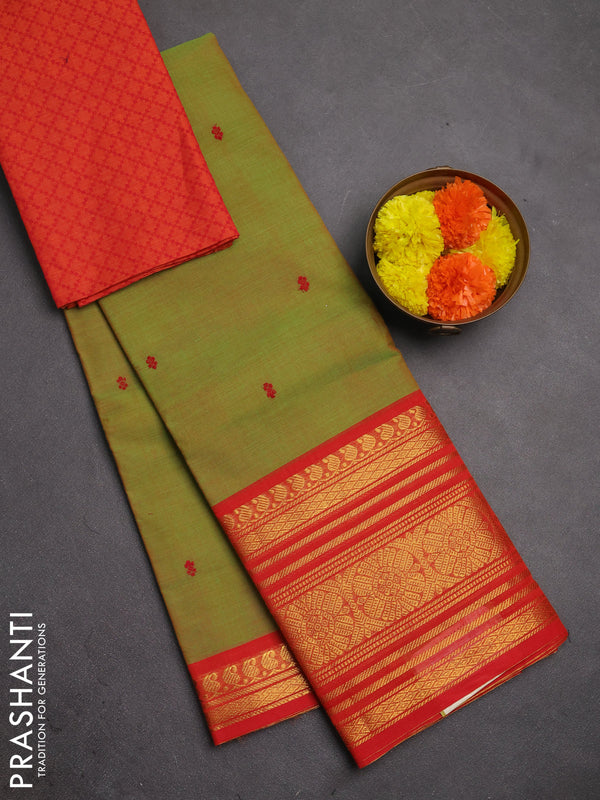Chettinad cotton saree light green and orange with thread woven buttas and long zari woven border
