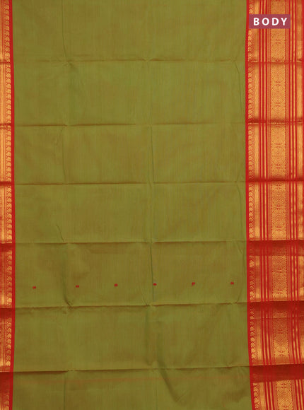 Chettinad cotton saree light green and orange with thread woven buttas and long zari woven border