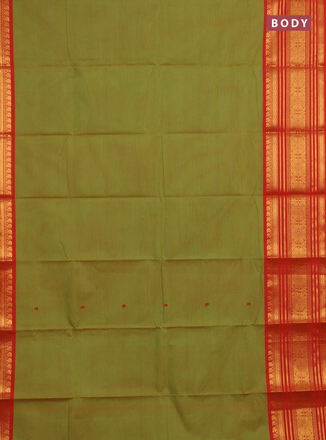Chettinad cotton saree light green and orange with thread woven buttas and long zari woven border