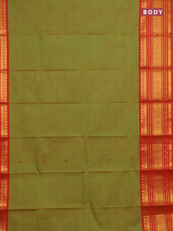 Chettinad cotton saree light green and orange with thread woven buttas and long zari woven border