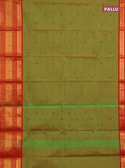Chettinad cotton saree light green and orange with thread woven buttas and long zari woven border