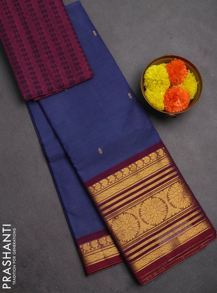 Chettinad cotton saree blue shade and wine shade with thread woven buttas and long zari woven border