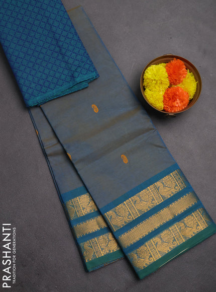 Chettinad cotton saree dual shade of bluish green and teal green with thread woven buttas and long zari woven border