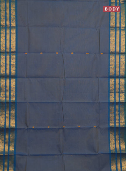 Chettinad cotton saree dual shade of bluish green and teal green with thread woven buttas and long zari woven border