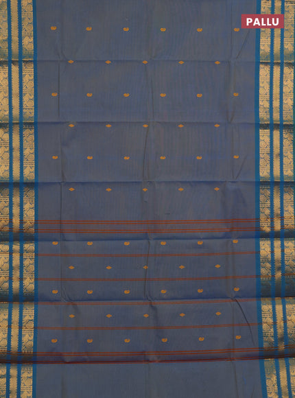 Chettinad cotton saree dual shade of bluish green and teal green with thread woven buttas and long zari woven border