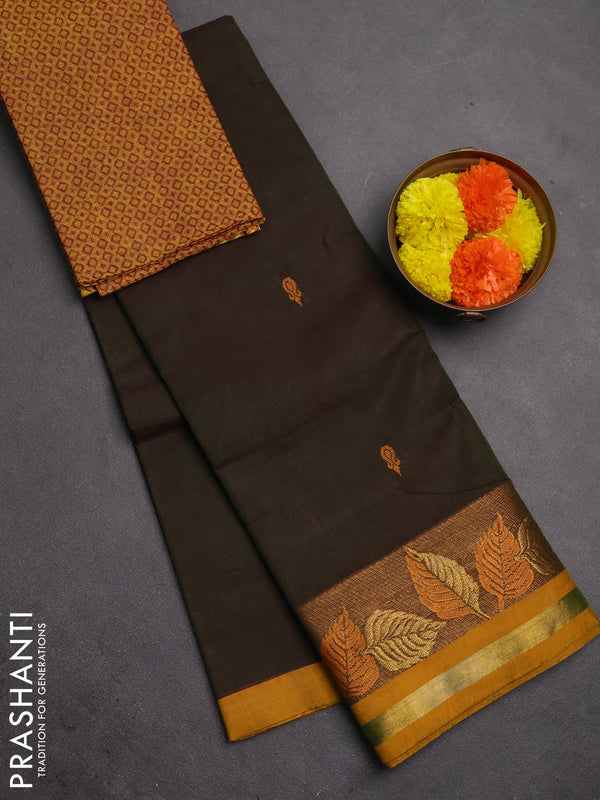 Chettinad cotton saree sap green and mustard yellow with thread woven buttas and zari woven border