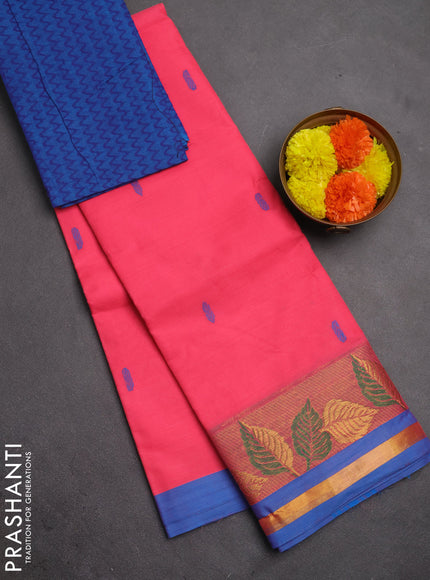 Chettinad cotton saree peach pink and blue with thread woven buttas and zari woven border