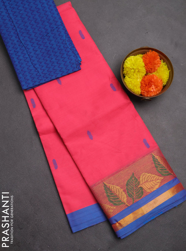 Chettinad cotton saree peach pink and blue with thread woven buttas and zari woven border