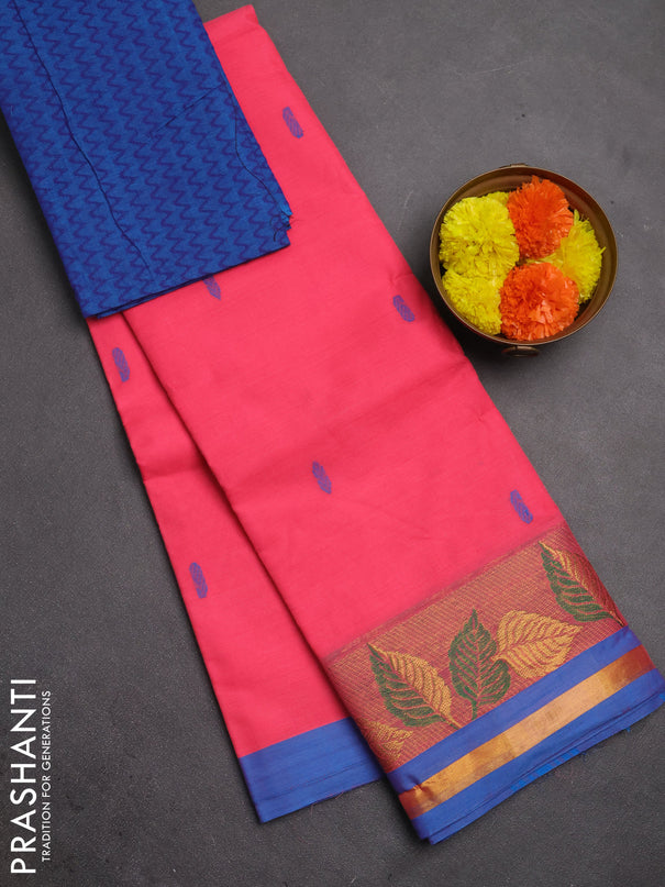 Chettinad cotton saree peach pink and blue with thread woven buttas and zari woven border