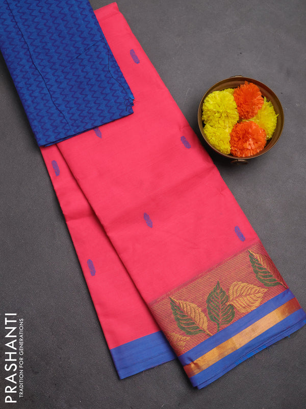 Chettinad cotton saree peach pink and blue with thread woven buttas and zari woven border