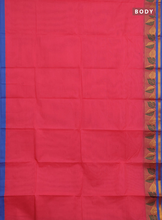 Chettinad cotton saree peach pink and blue with thread woven buttas and zari woven border