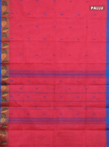 Chettinad cotton saree peach pink and blue with thread woven buttas and zari woven border