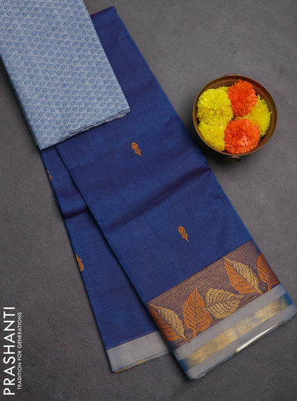 Chettinad cotton saree blue and pastel blue with thread woven buttas and zari woven border