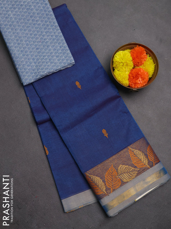 Chettinad cotton saree blue and pastel blue with thread woven buttas and zari woven border
