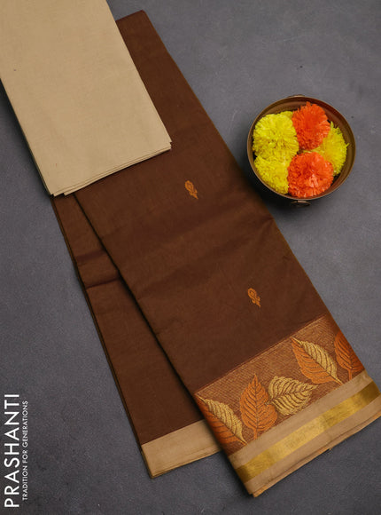 Chettinad cotton saree datk mustard and beige with thread woven buttas and zari woven border