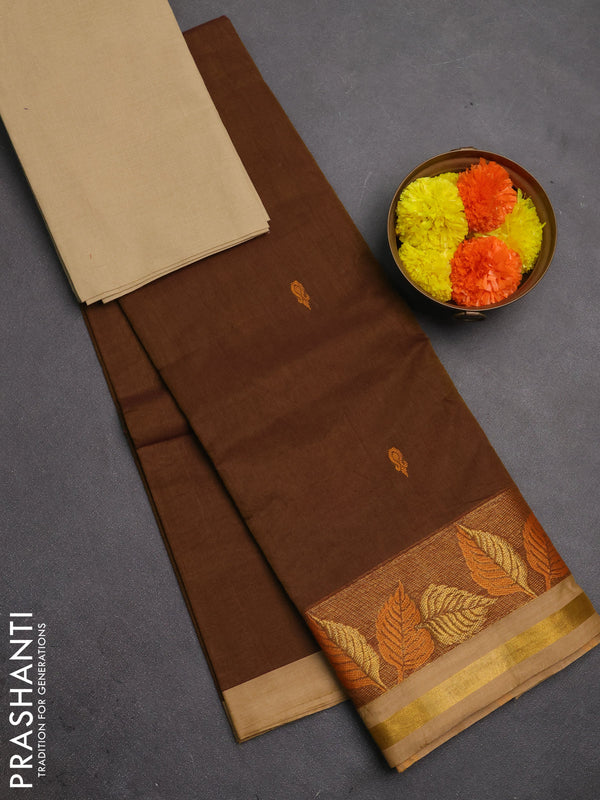 Chettinad cotton saree datk mustard and beige with thread woven buttas and zari woven border