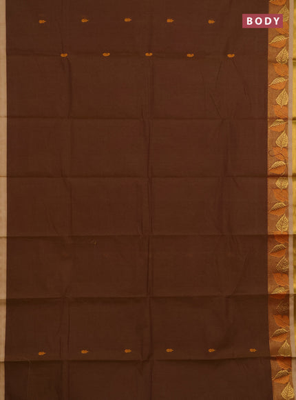 Chettinad cotton saree datk mustard and beige with thread woven buttas and zari woven border