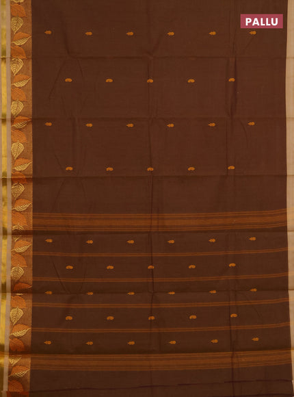 Chettinad cotton saree datk mustard and beige with thread woven buttas and zari woven border