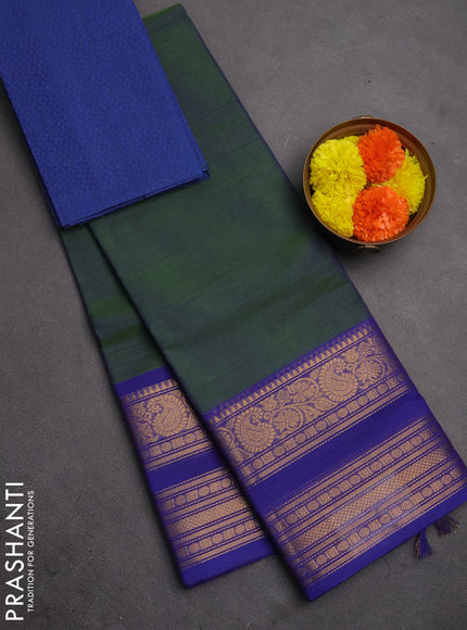 Chettinad cotton saree dual shade of sap green and blue with plain body and long rettapet zari woven border