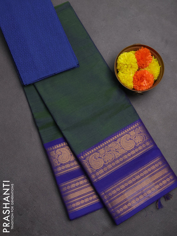 Chettinad cotton saree dual shade of sap green and blue with plain body and long rettapet zari woven border