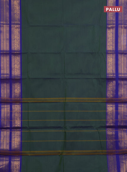 Chettinad cotton saree dual shade of sap green and blue with plain body and long rettapet zari woven border