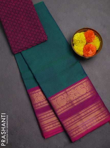 Chettinad cotton saree dua shade of greenish blue and magenta pink with plain body and long rettapet zari woven border