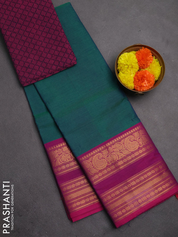 Chettinad cotton saree dua shade of greenish blue and magenta pink with plain body and long rettapet zari woven border